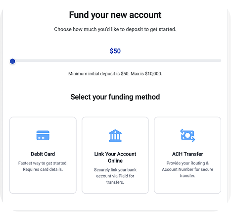 Vikar account funding interface showing debit card, linked account and ACH options