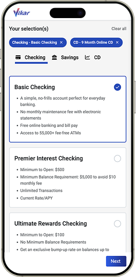 Vikar mobile account selection interface