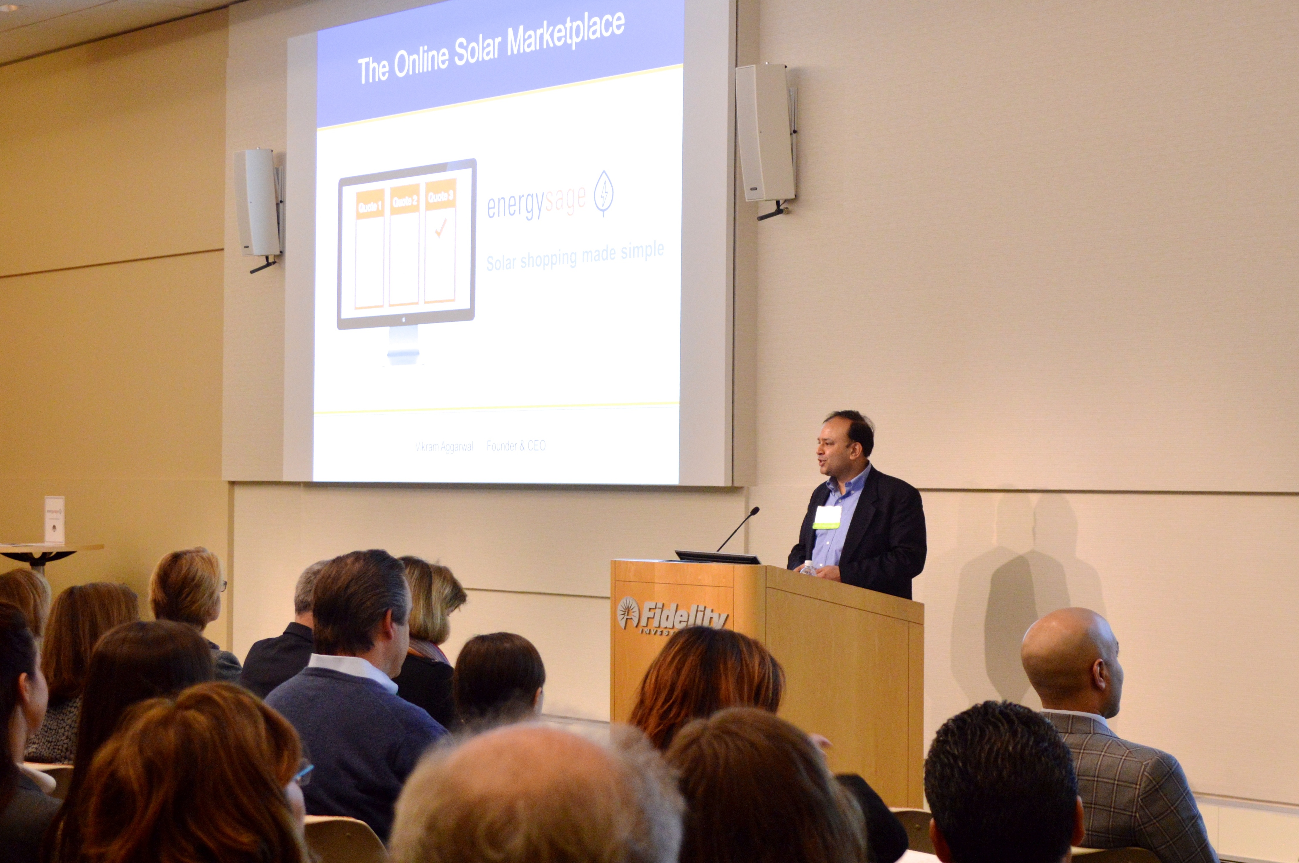 Vikram Aggarwal presenting EnergySage's online solar marketplace at the 2016 Impact Investing Showcase