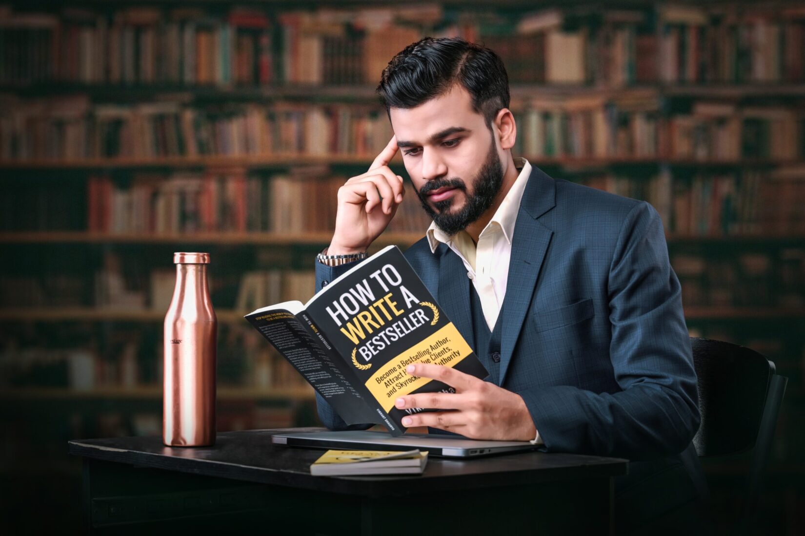 Vikrant Shaurya reading his book How to Write a Bestseller at a table
