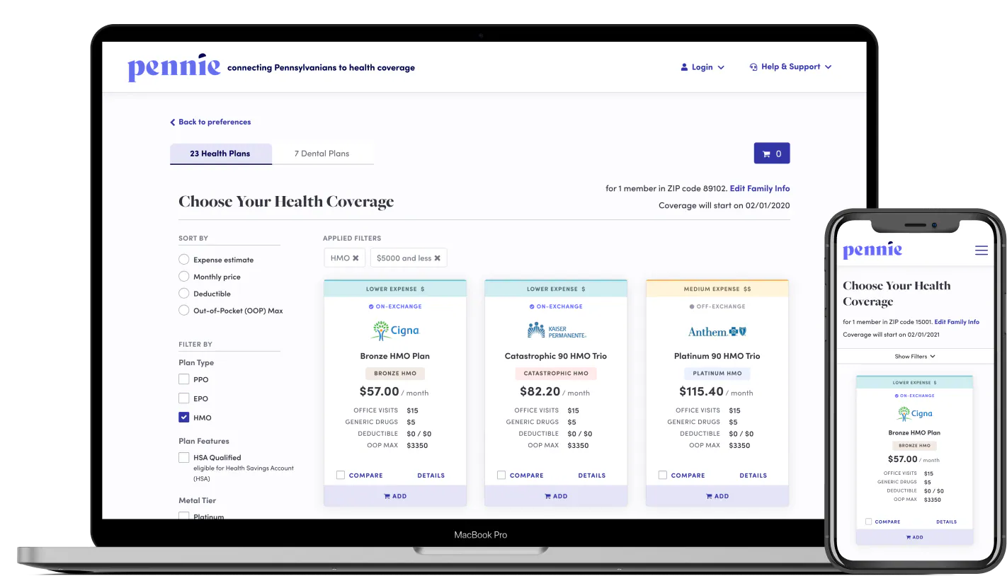 Vimo product mockup showing Pennie health plan comparison on a laptop and phone