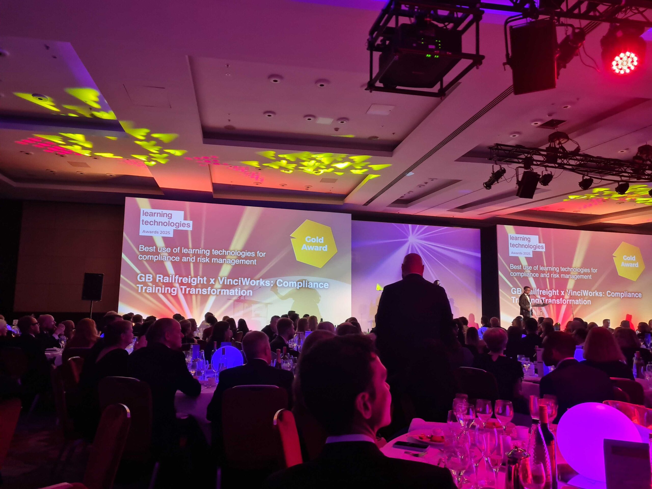 The Learning Technologies Awards 2025 stage announces gold for GB Railfreight and VinciWorks in compliance and risk management.