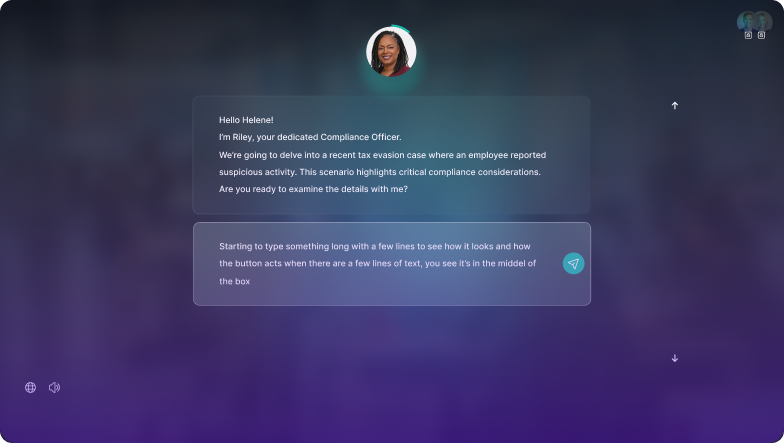 VinciWorks’ Conversational Learning illustration shows a virtual tutor introducing a tax-evasion scenario and a text reply box.