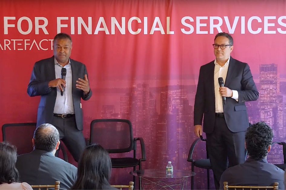 Vinit Srivastava, left, and Steve Rosenblum holding microphones at Artefact’s AI for Financial Services NYC event