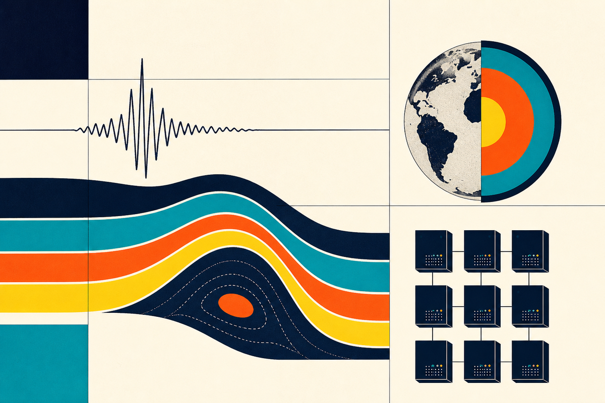 Abstract Swiss-style illustration of geological strata, a seismic wave, an Earth cross-section and connected computing nodes
