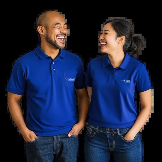 Two people in blue Virtual Coworker polo shirts laughing together