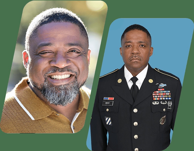 VSO-published portrait composition pairing civilian clothing with military dress uniform