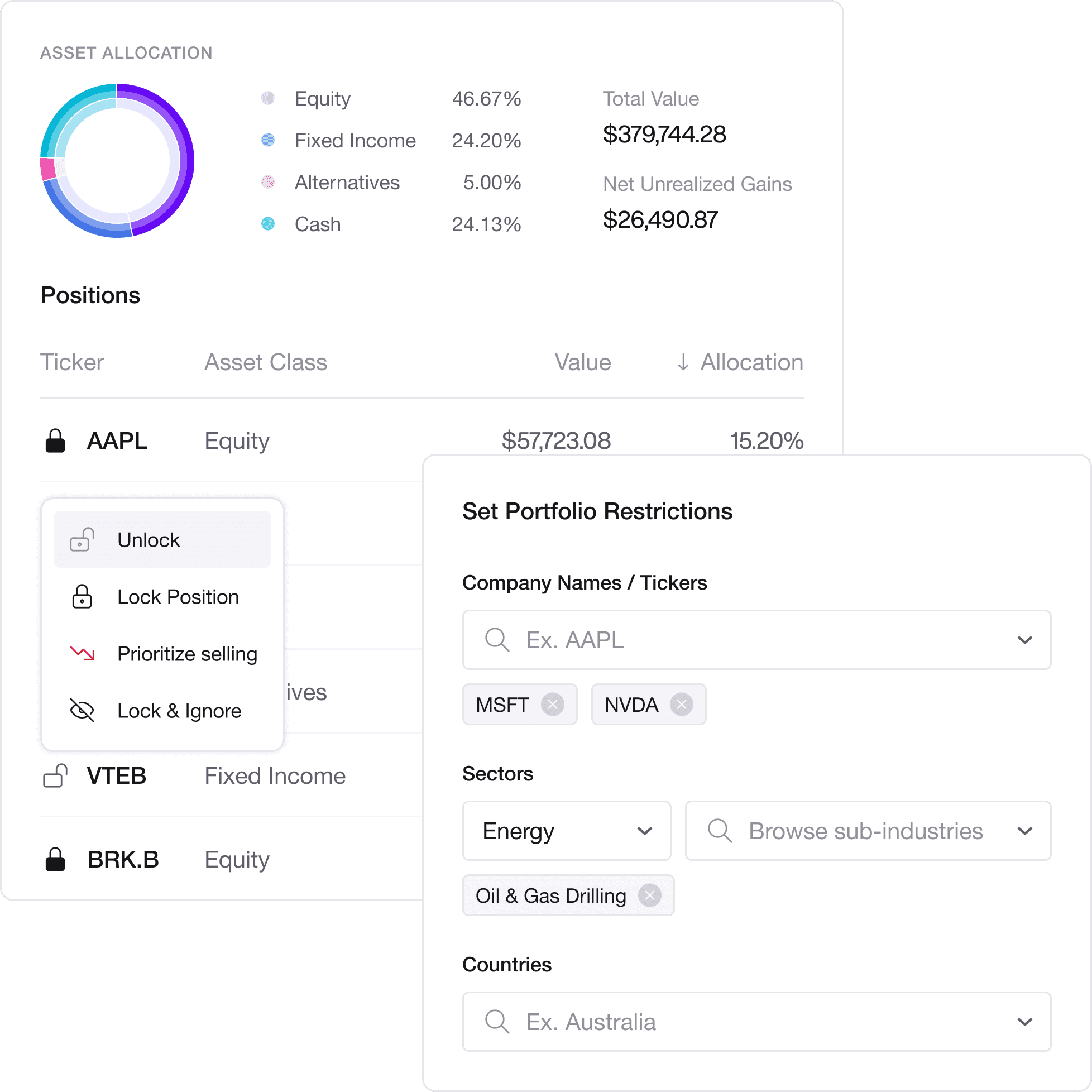 Vise product illustration showing asset allocation, locked stock positions and security restrictions