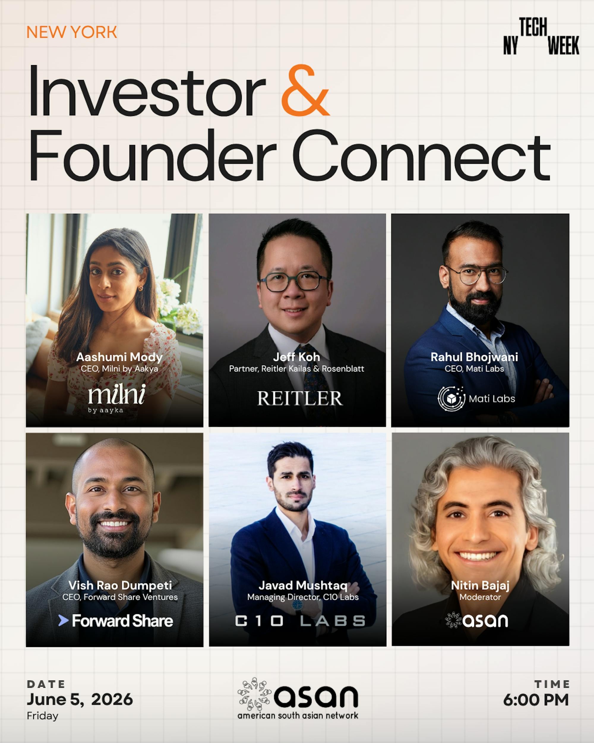 Investor and Founder Connect event artwork listing Vish Rao Dumpeti alongside Aashumi Mody, Jeff Koh, Rahul Bhojwani, Javad Mushtaq and moderator Nitin Bajaj