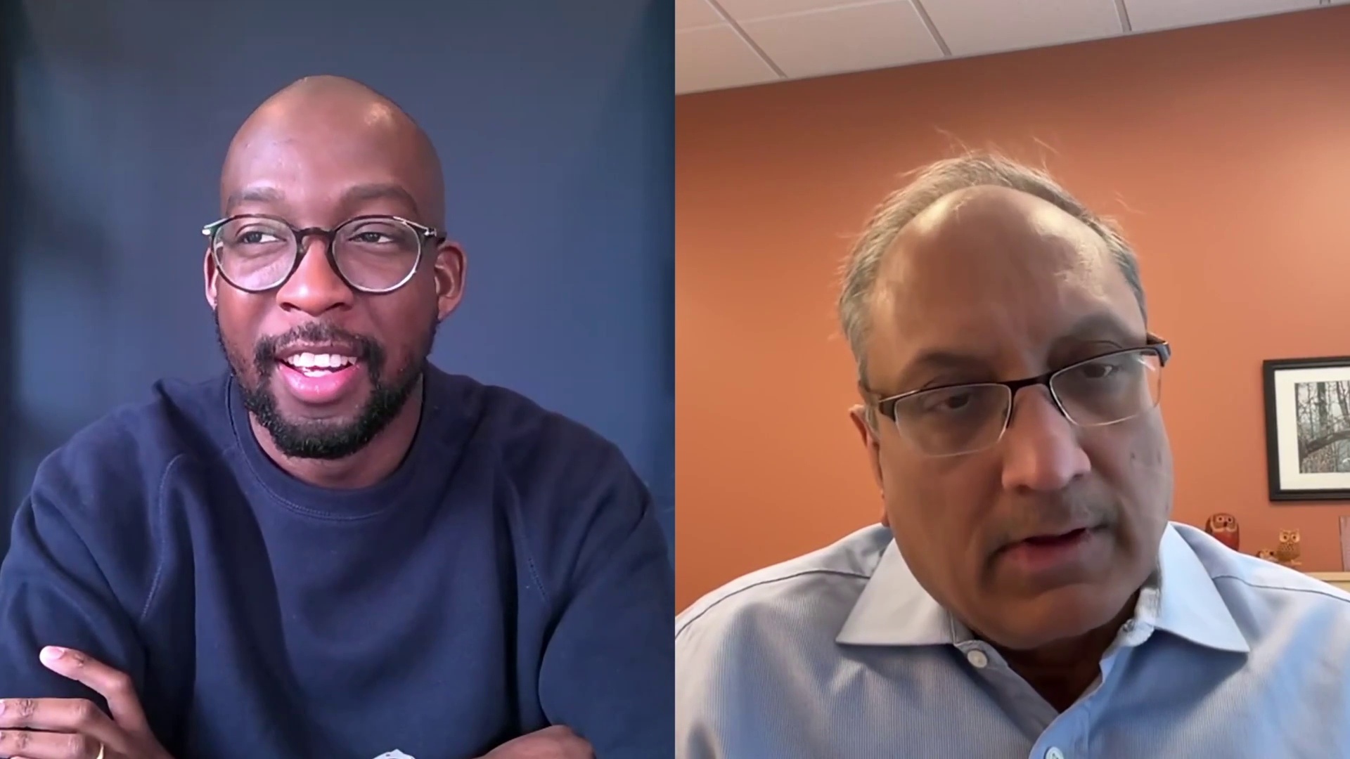 Bayo Oresegun, left, speaking with Vish Tadimety, right, during their Mission by Design video interview