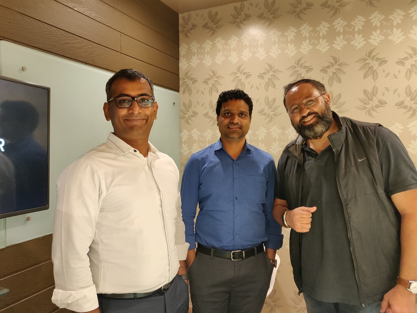 Vishnu Reddy, left, with fellow attendees at a Hogar Controls media event in Bengaluru