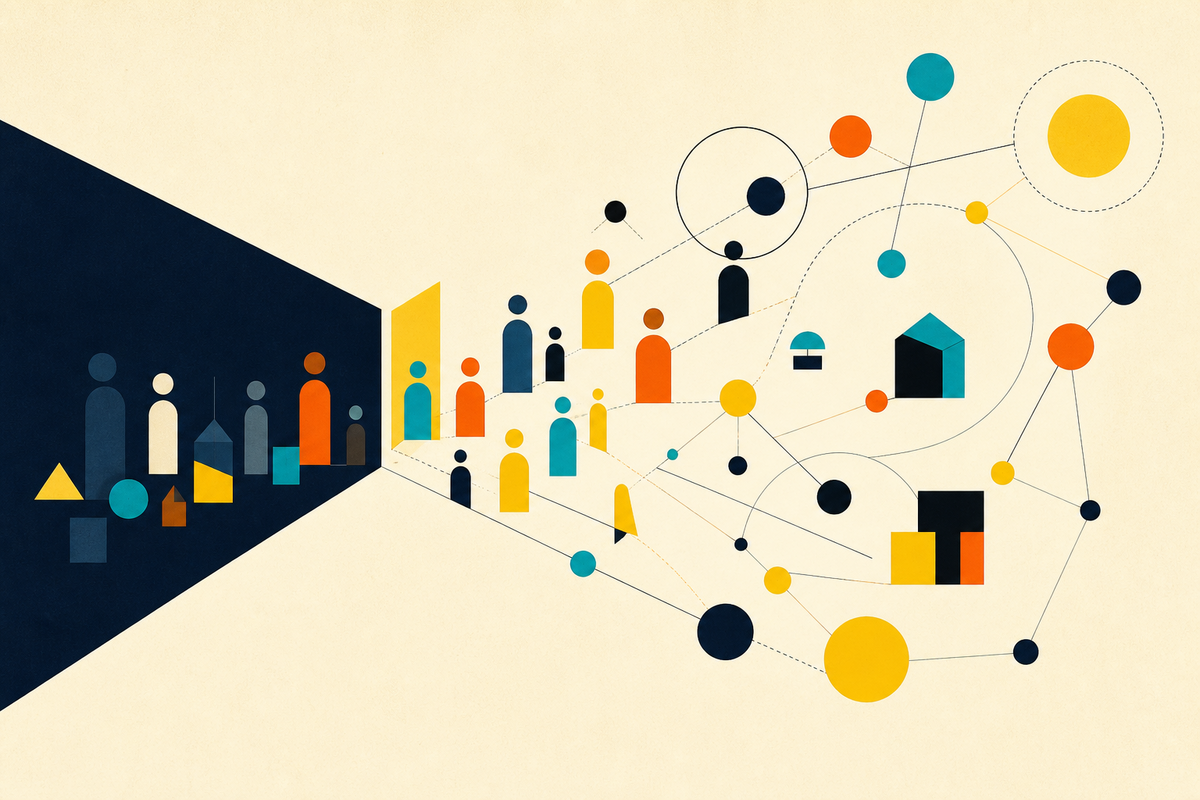 Abstract Swiss-style illustration of founders moving from a constrained field into a connected network of capital and companies