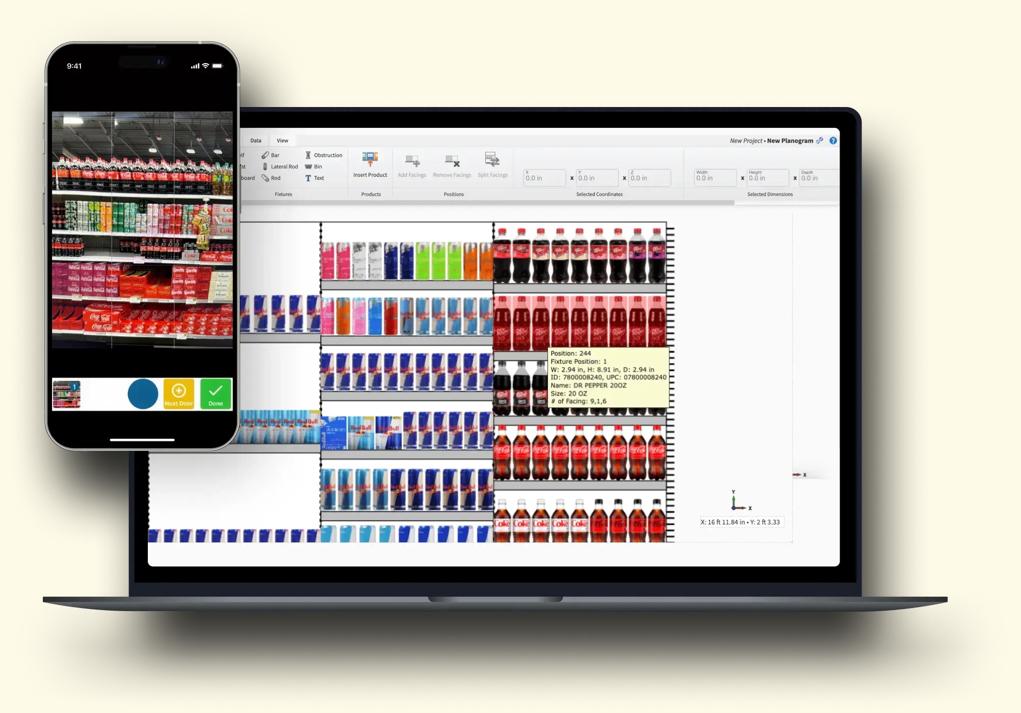 PicToPOG product illustration showing a shelf photograph on a phone alongside an editable drinks planogram
