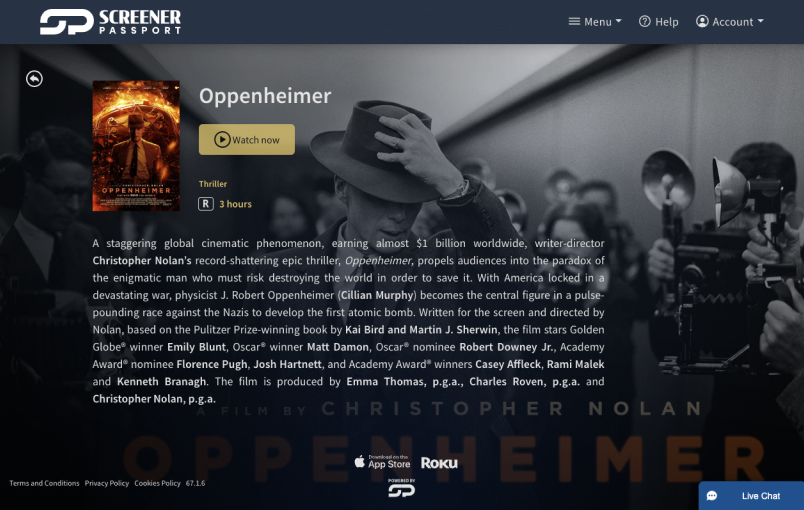 Vision Media’s official Screener Passport product image featuring Oppenheimer