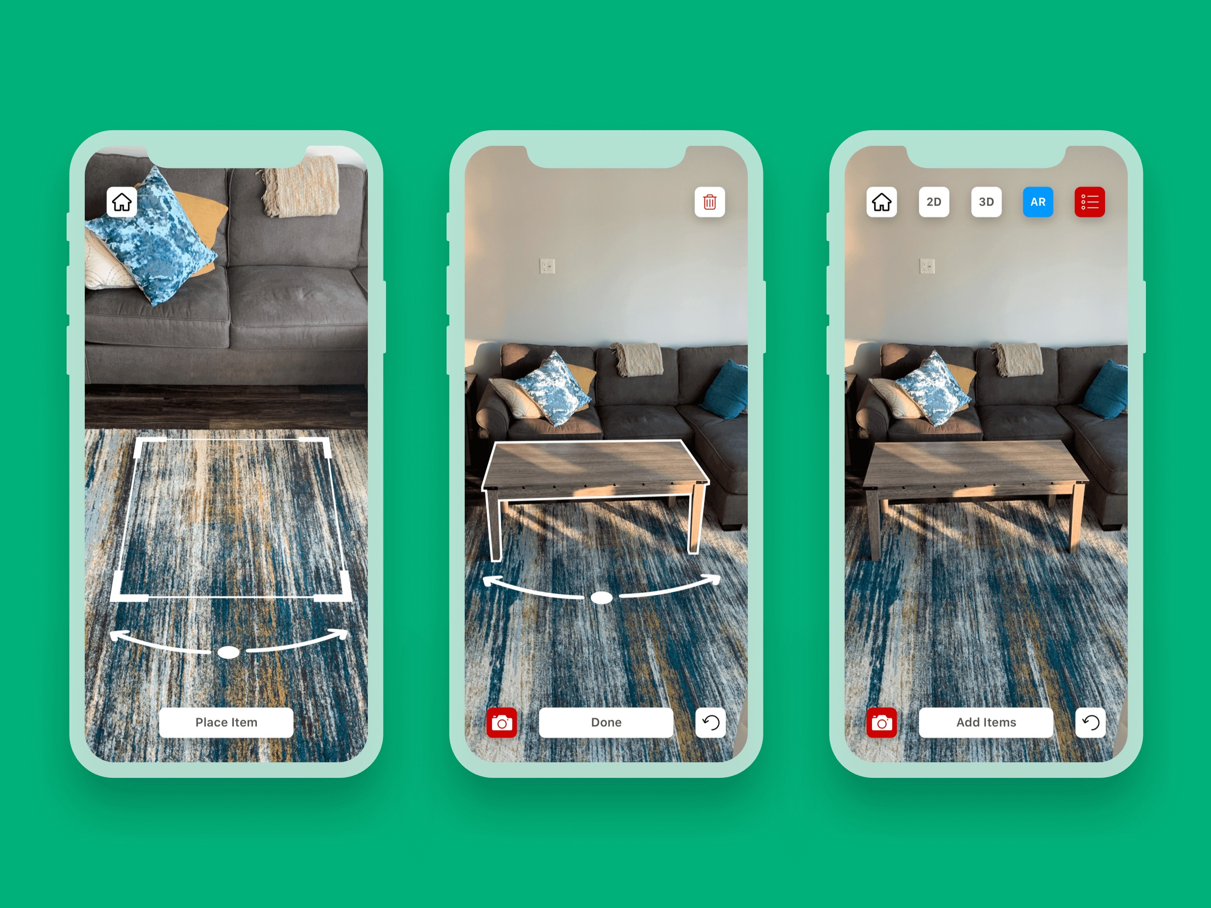 Design My Space screens show a virtual coffee table placed and rotated in a real living room