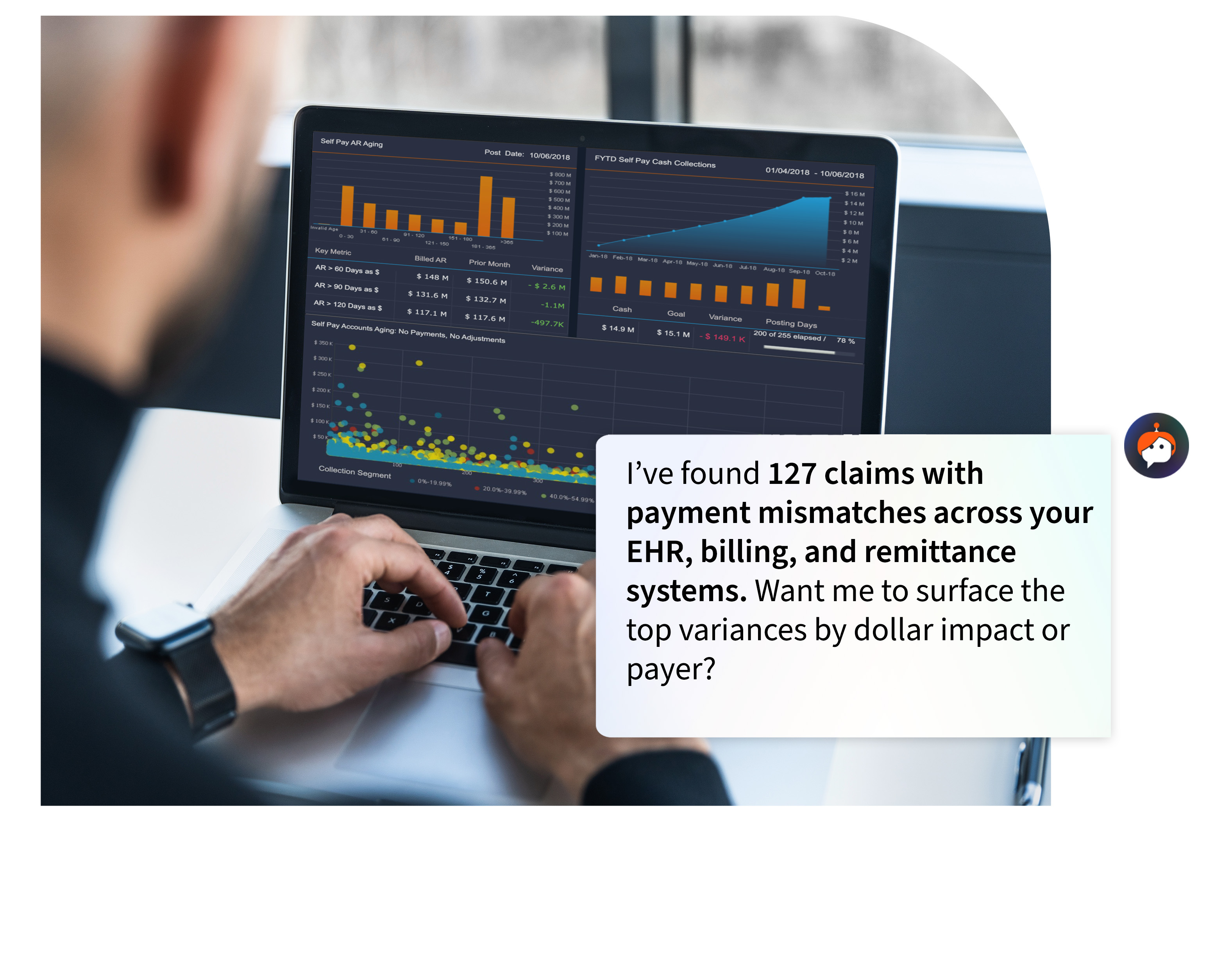 VisiQuate analytics displayed on a laptop beside an Ana assistant message about payment mismatches