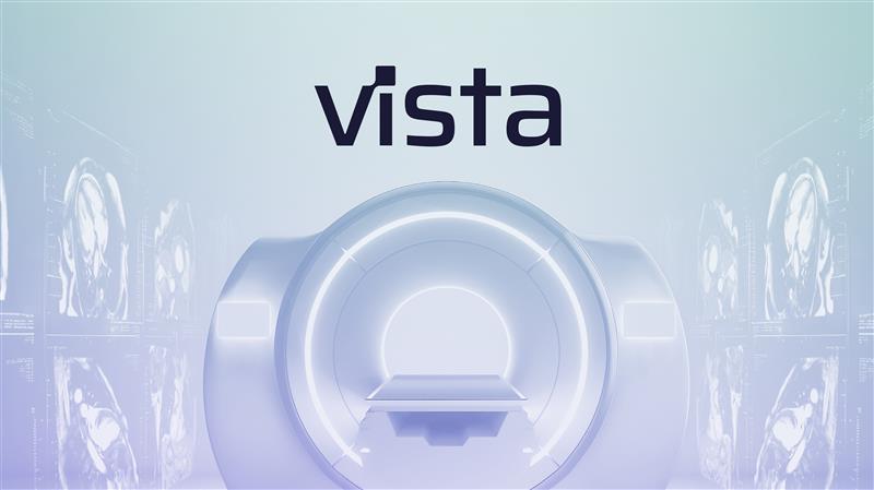 Vista AI logo over an MRI scanner surrounded by cardiac imaging slices