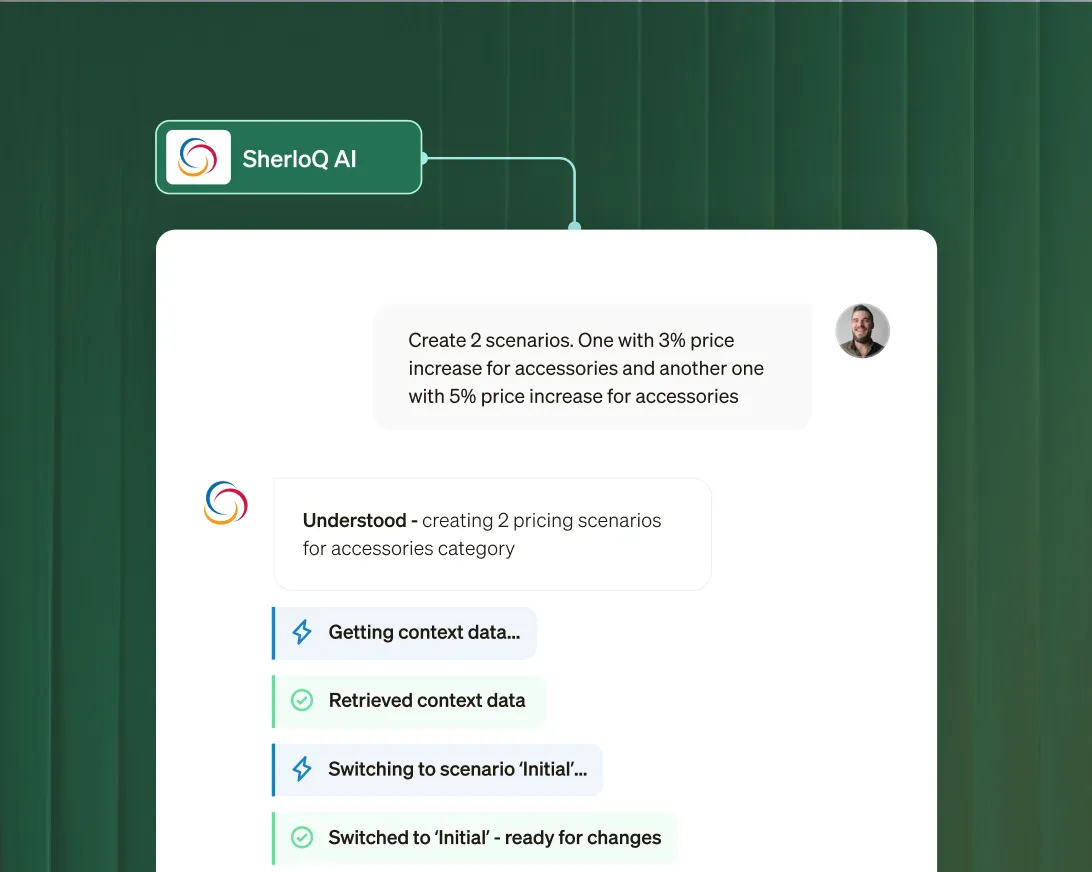 SherloQ interface illustration comparing scenarios with three and five percent accessory price increases