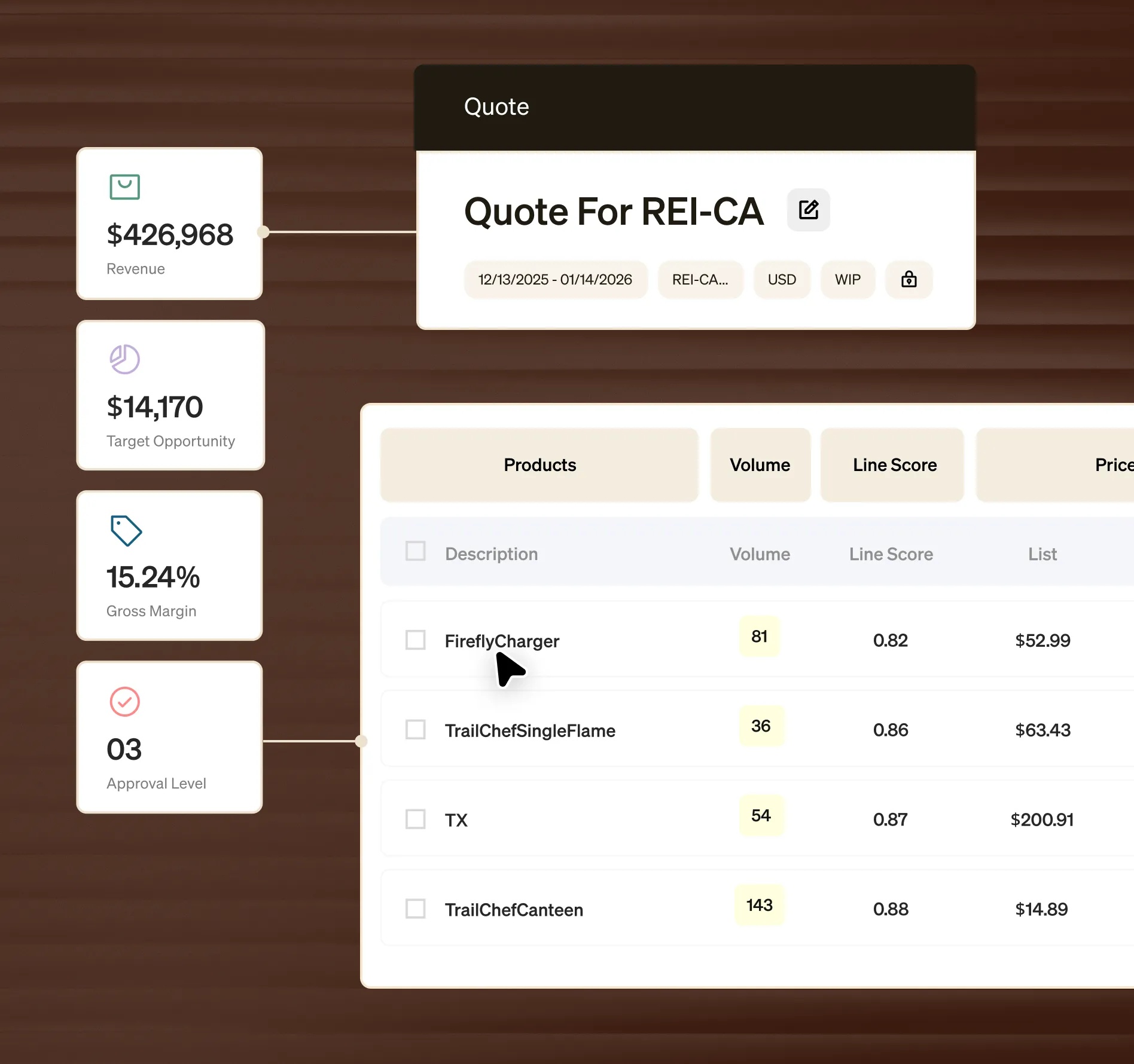 Vistaar product illustration showing a quote, deal revenue, gross margin, approval level, and line-item prices