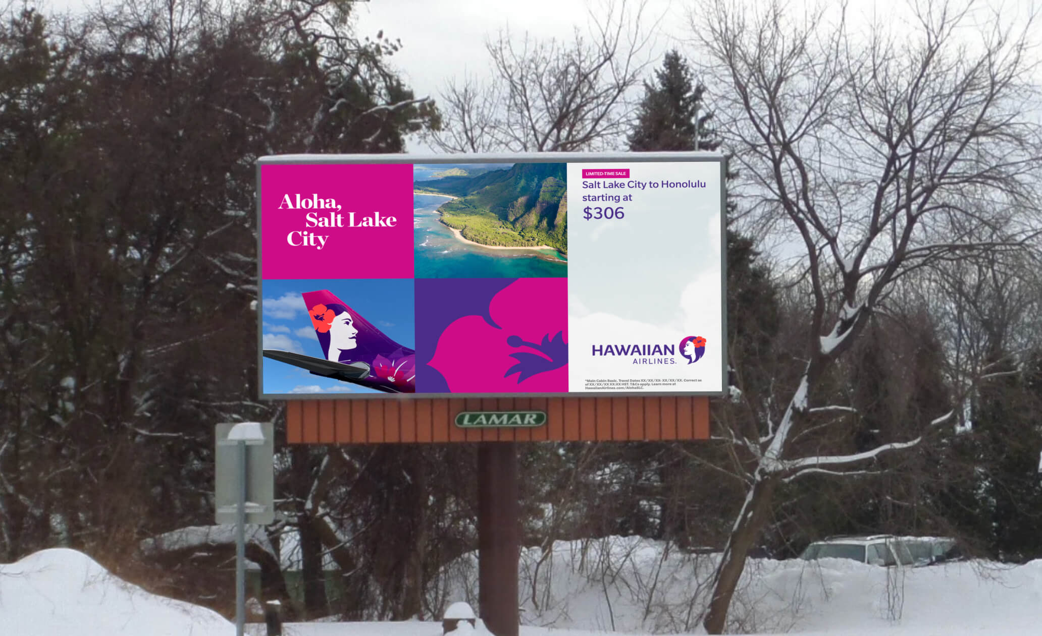 Hawaiian Airlines campaign mockup on a Lamar billboard amid snowy trees