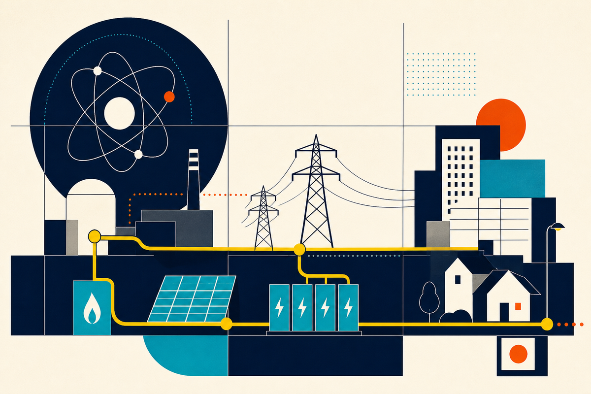 Abstract Swiss-style illustration of nuclear, solar, storage, transmission lines, businesses and homes connected by an electric grid
