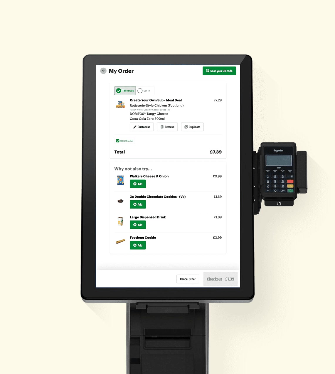 A Subway self-service ordering interface powered by Vita Mojo, showing a meal and suggested add-ons