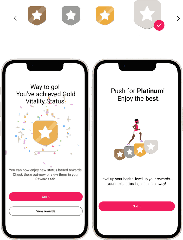 Vitality app screens displaying status badges and progress toward Platinum