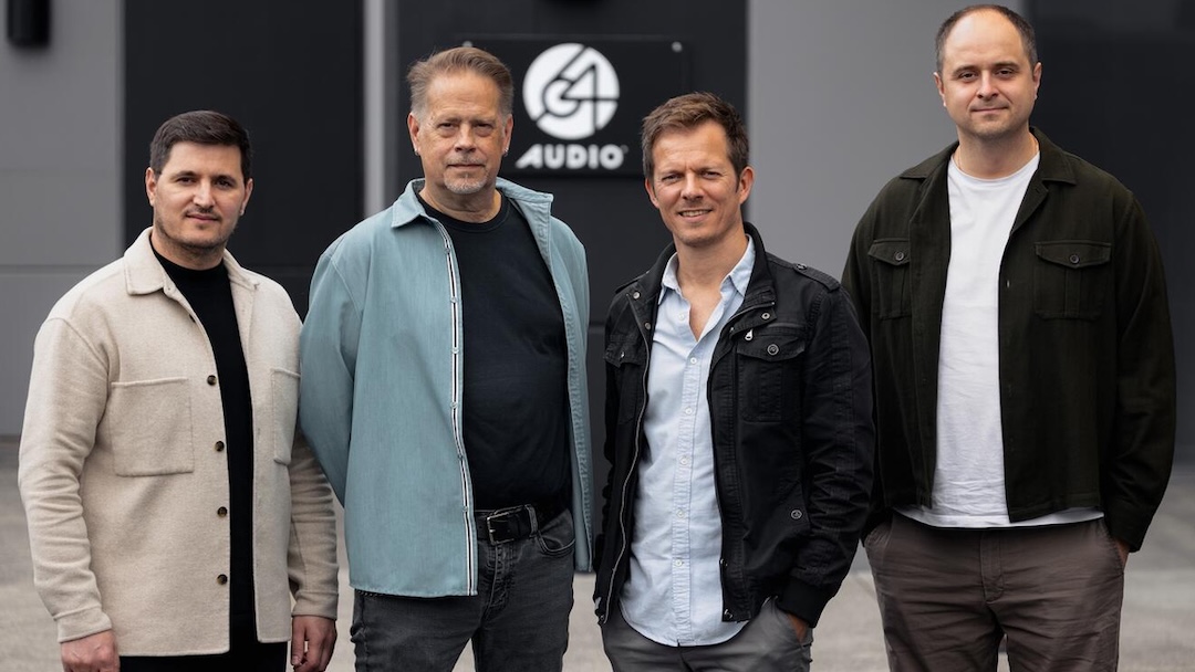 Nick Matev, Stewart Millager, Vitaliy Belonozhko and Filipp Sklyarov outside 64 Audio headquarters