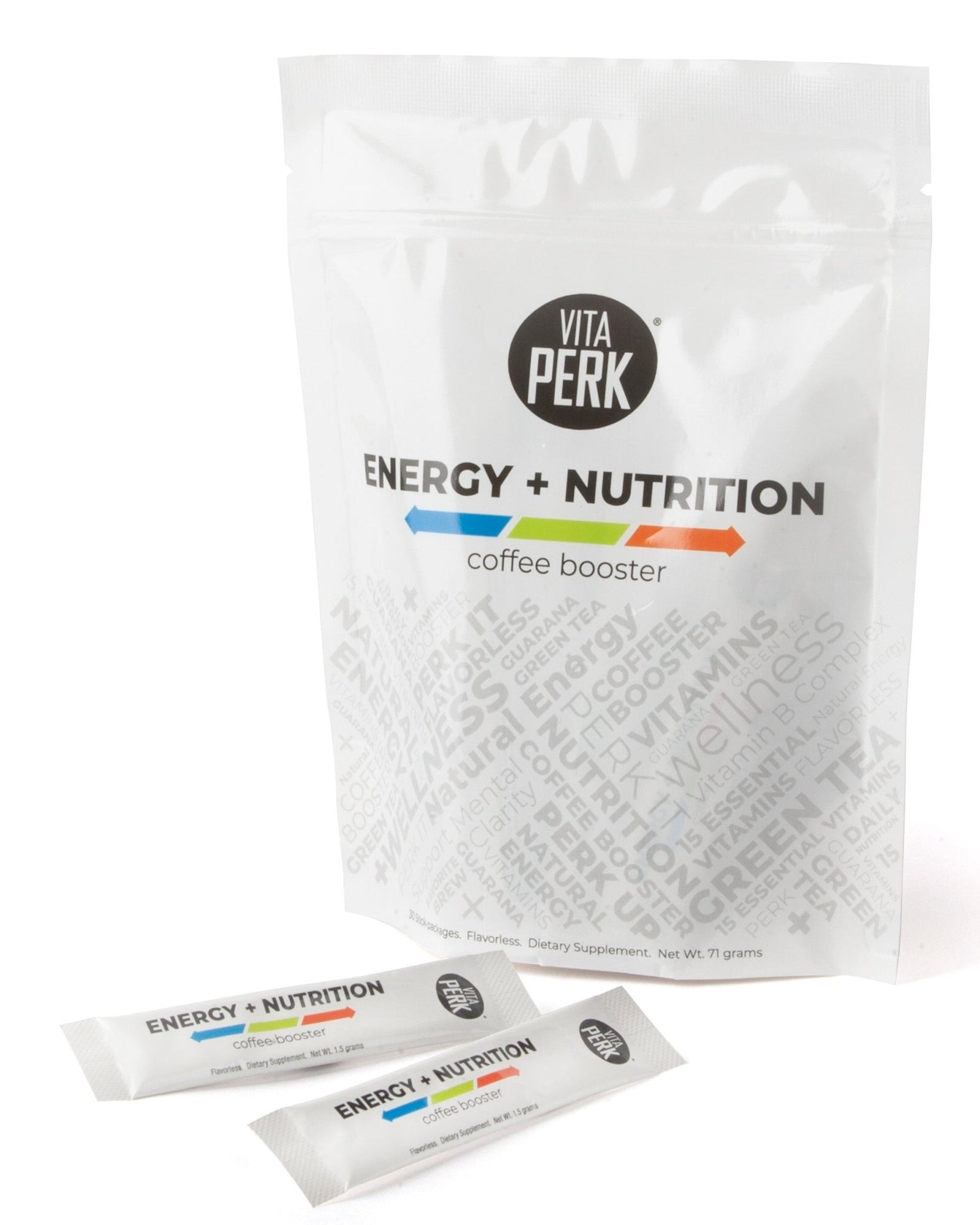 A VitaPerk coffee booster pouch with two individual stickpacks