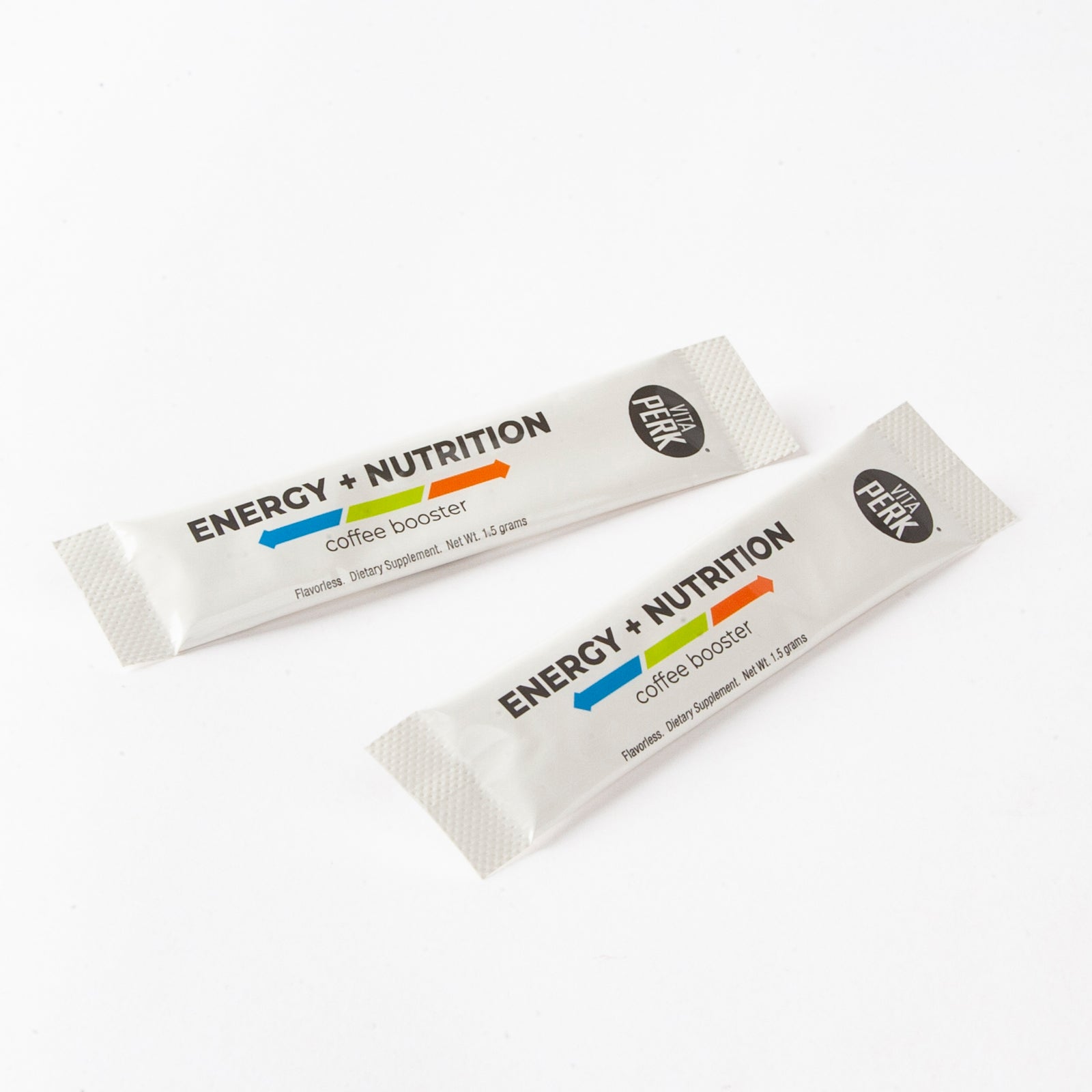 Two VitaPerk Energy and Nutrition coffee booster stickpacks on a white background