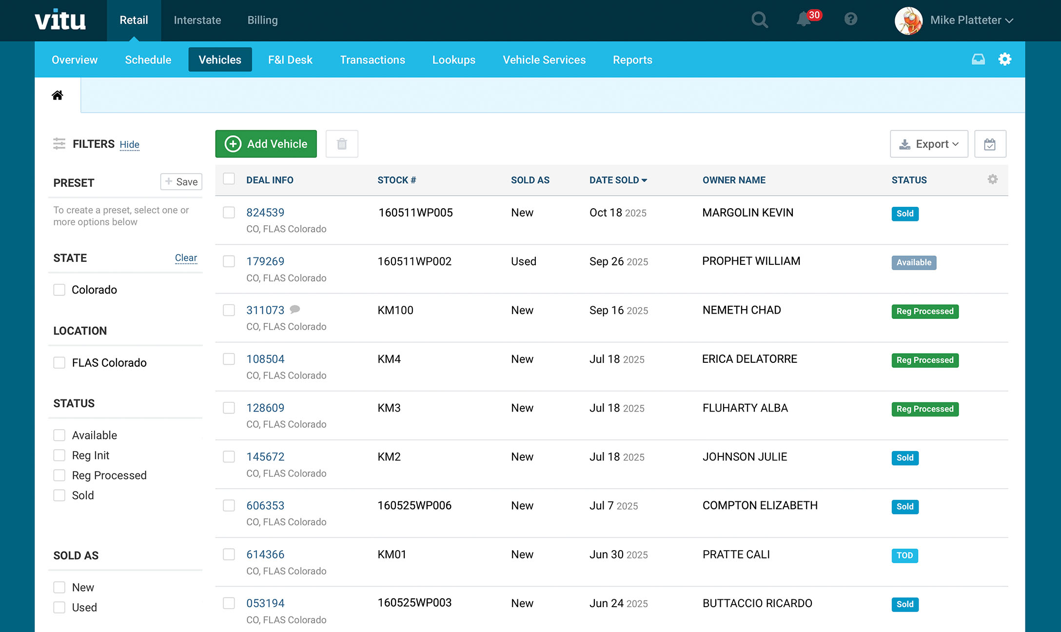 Vitu platform vehicle list showing transaction status filters and registration progress