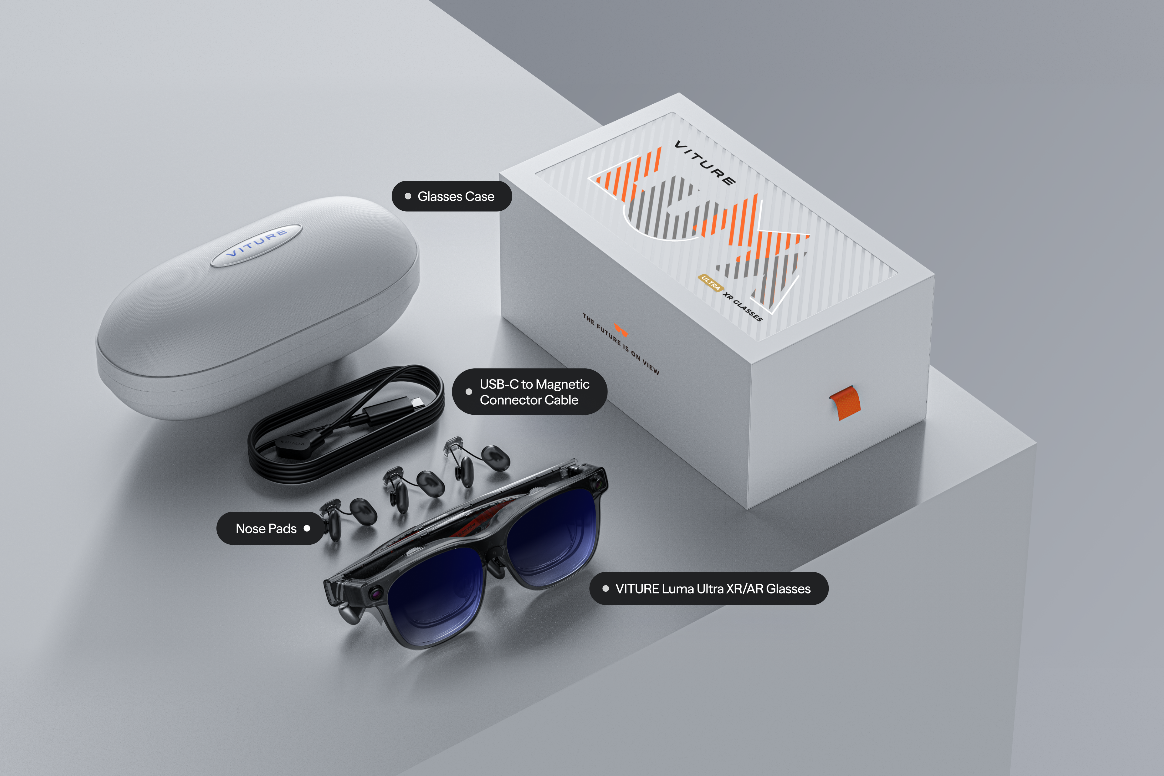 VITURE Luma Ultra glasses displayed with their case, cable, nose pads and retail box