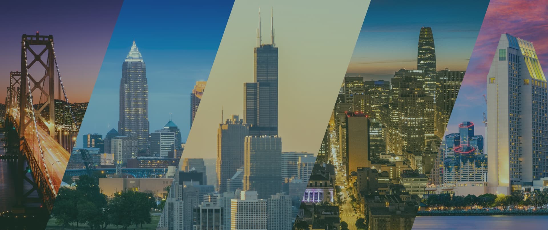 Skyline montage spanning Chicago and other major U.S. cities