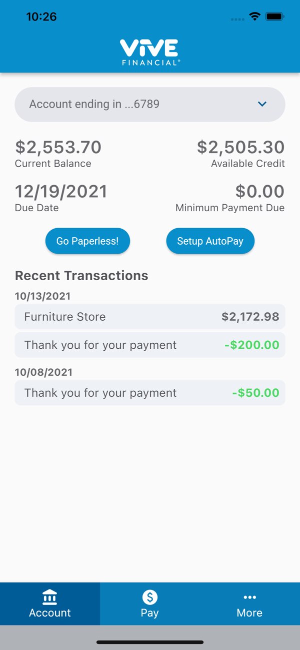 Official Vive app demonstration showing account balances, transactions and AutoPay controls