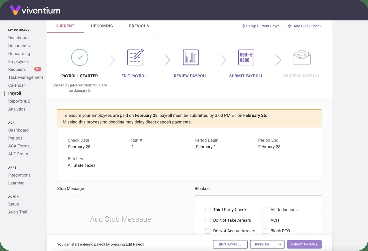Viventium payroll dashboard showing a payroll status and submission workflow