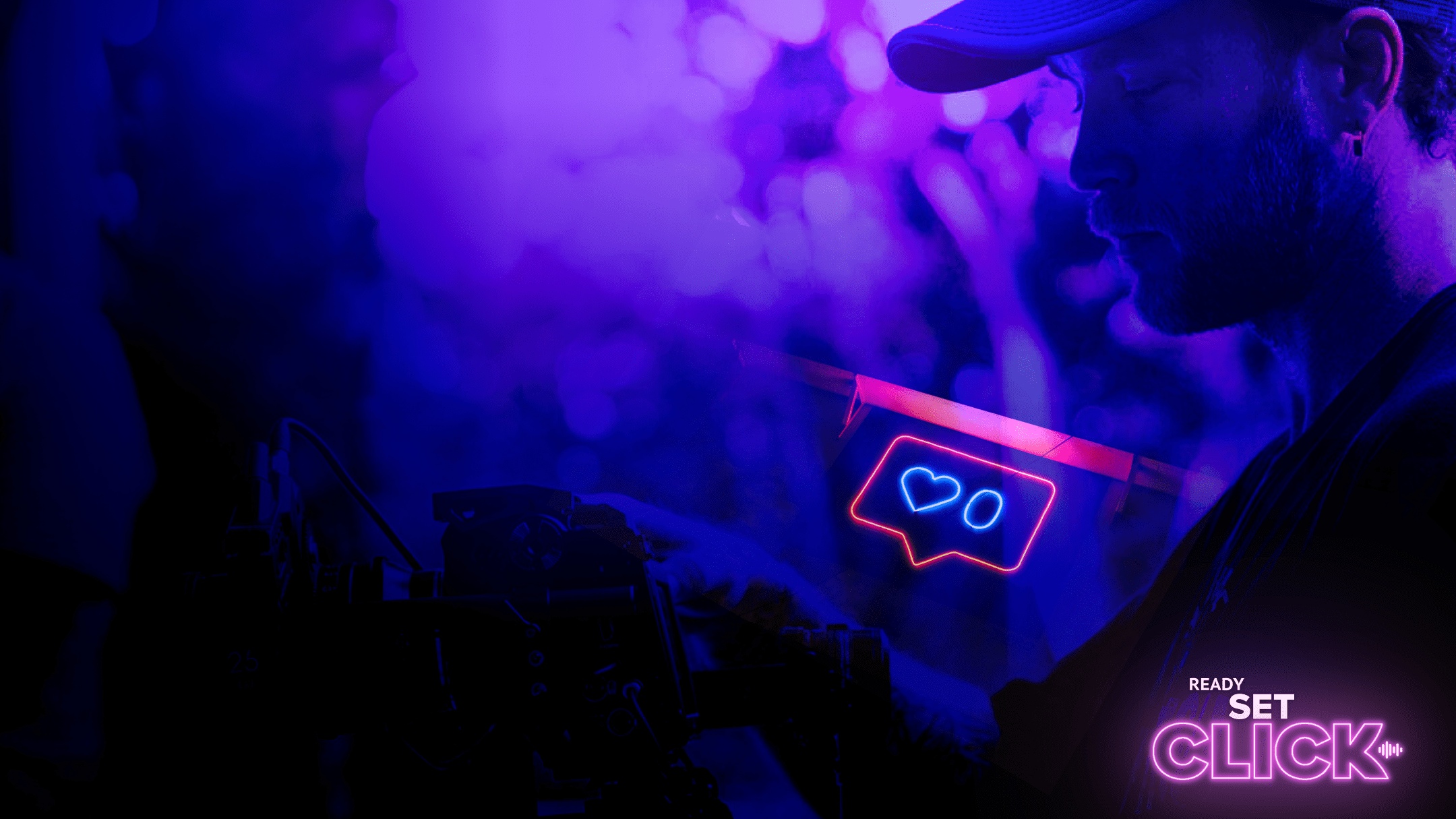 Official Ready, Set, Click! podcast artwork with Vivien Garnes and the host at microphones under purple lighting.