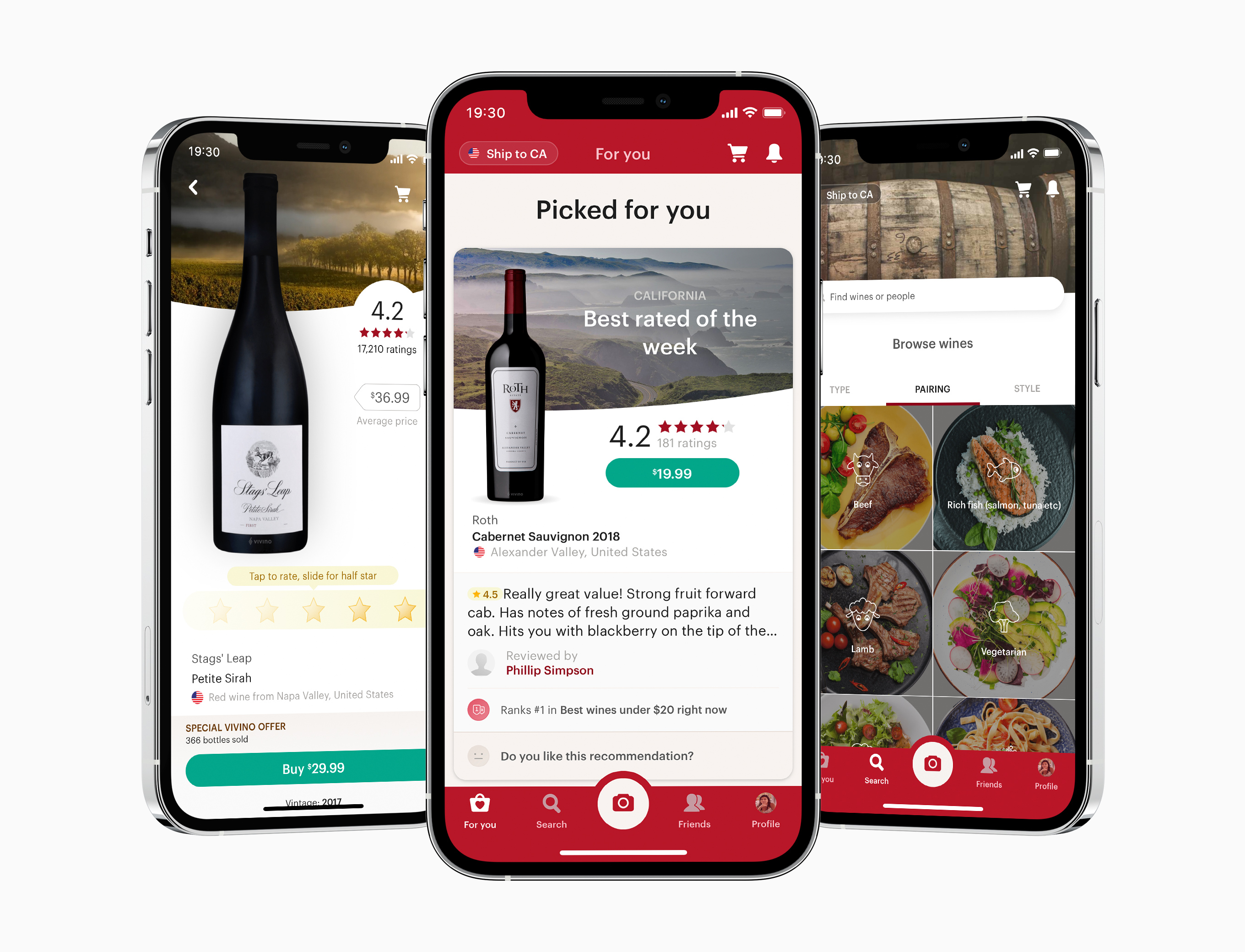 Three Vivino app screens showing wine ratings, recommendations and food pairing filters