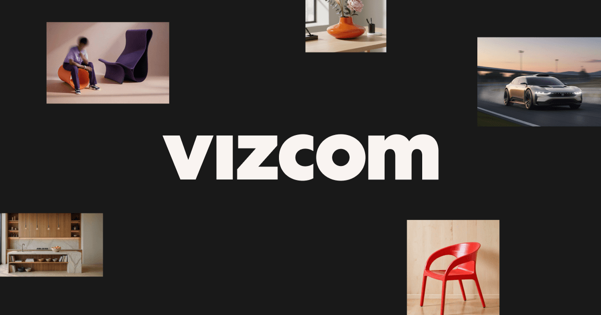 Vizcom logo surrounded by AI-generated product renders - a chair, a concept car, a vase and an apartment interior