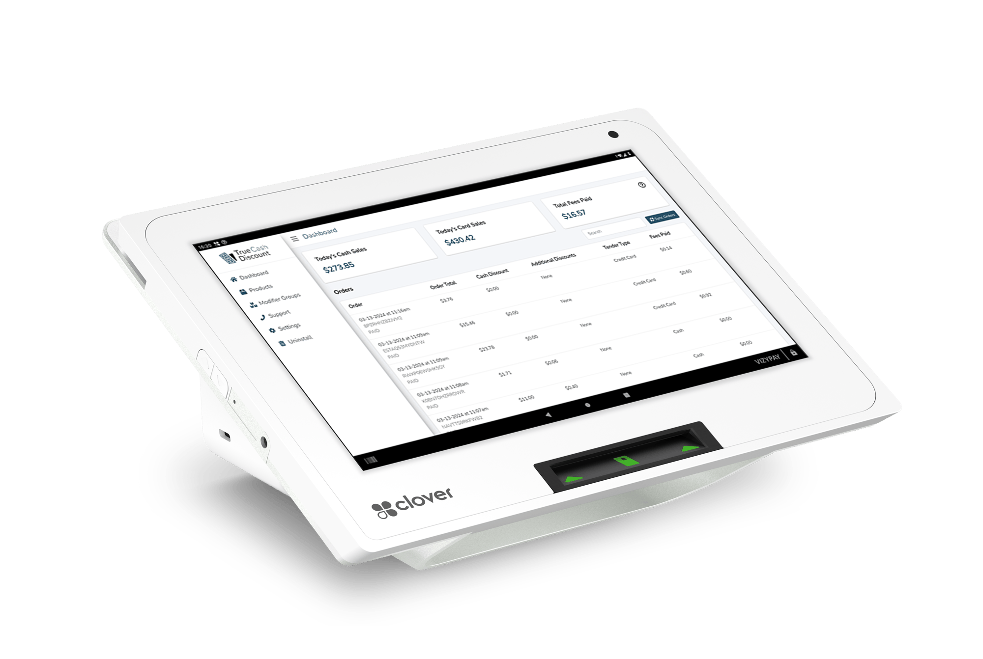 Clover point-of-sale device displaying VizyPay's True Cash Discount dashboard