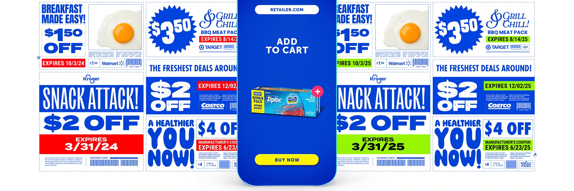 Ziploc Preserved Promos campaign showing expired offers renewed beside a mobile shopping screen