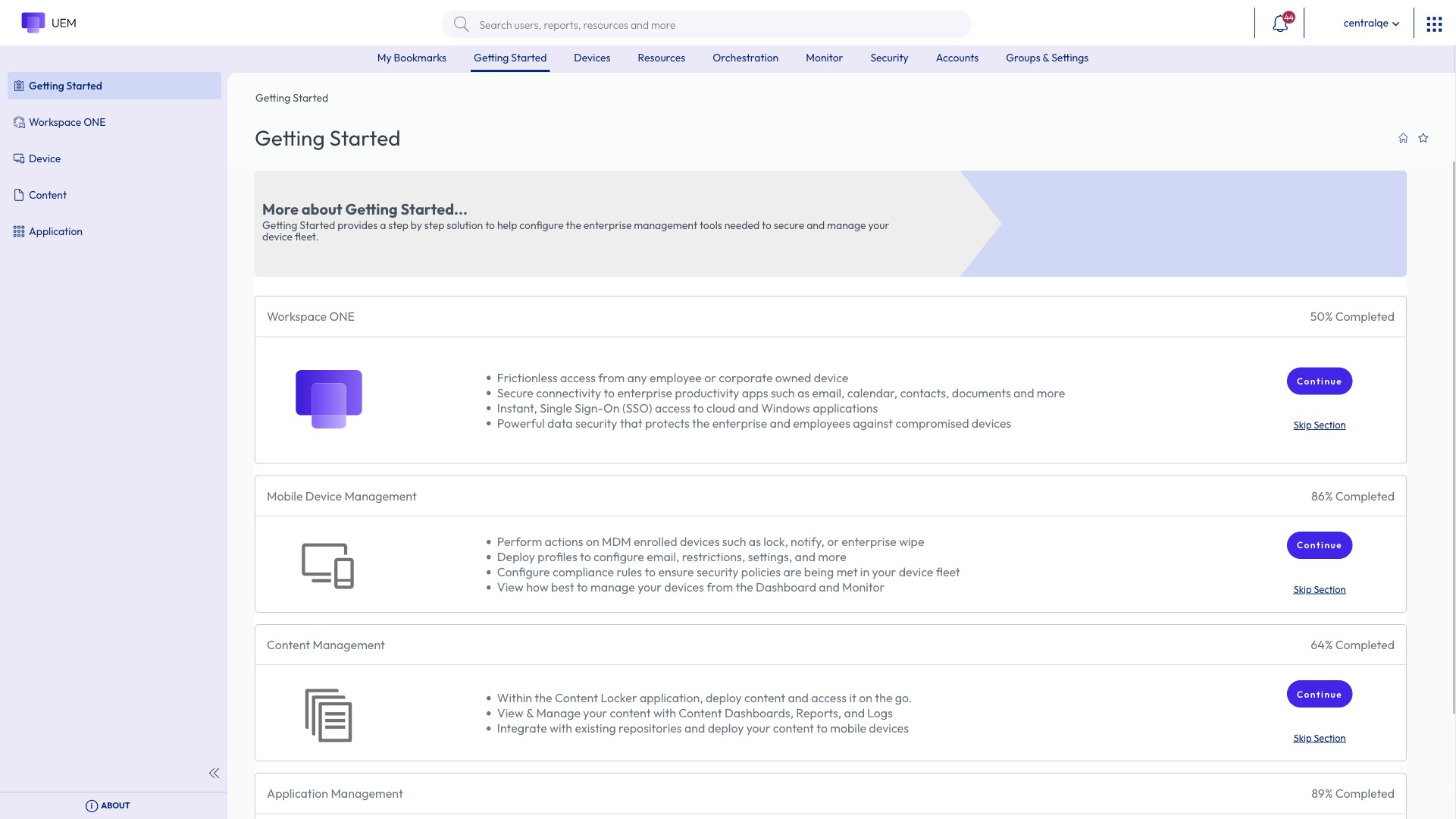 Omnissa Workspace ONE UEM console showing setup areas for device, content and application management