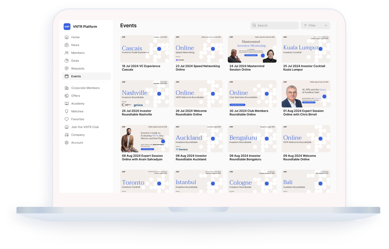 Official VNTR platform illustration showing the events directory and member navigation