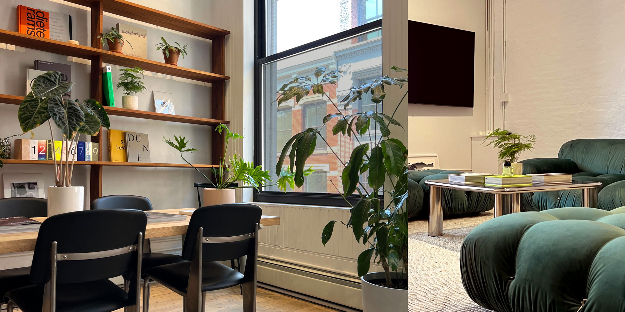 Workspace images published by Vocabulary, with design books, plants, a meeting table and green seating