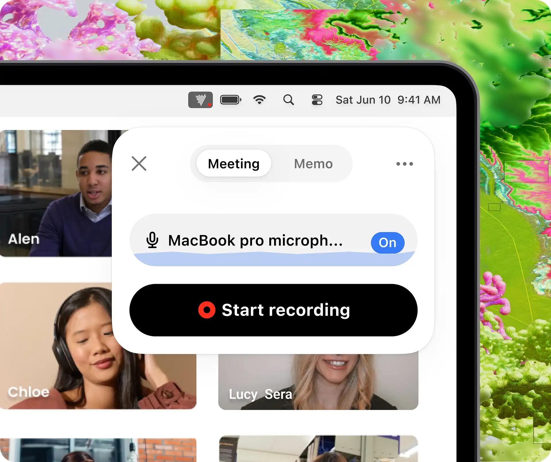 Voicenotes meeting recording controls displayed over a video call on a Mac