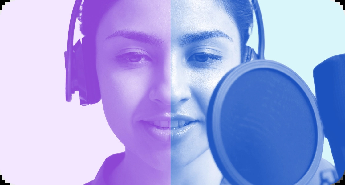 A split-tone portrait of a professional voice actor wearing headphones at a microphone