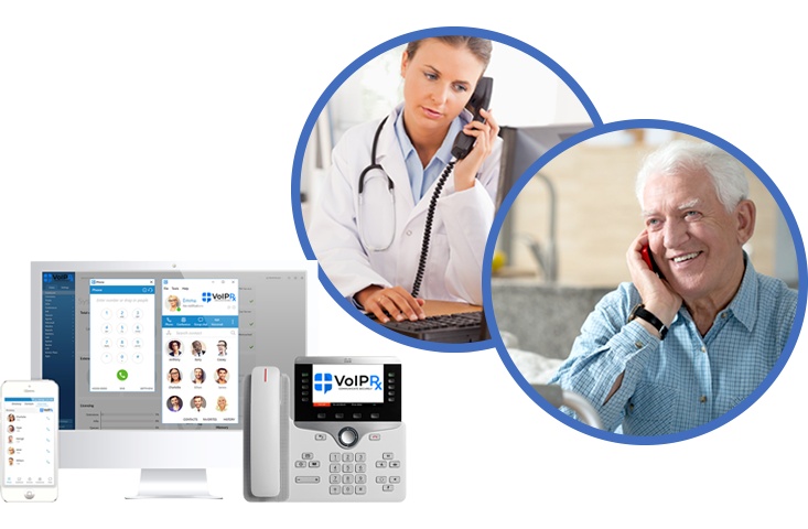 VoIP Rx marketing composite showing a clinician and older caller beside desktop, mobile and desk-phone interfaces