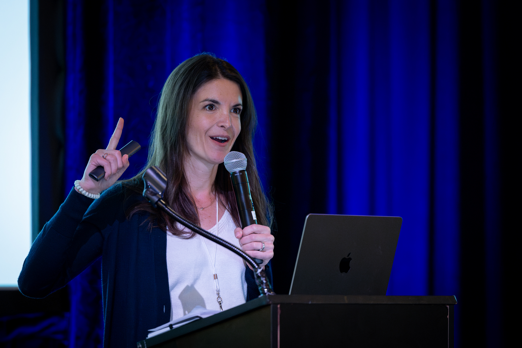 A Voltus leader speaking on stage with a microphone and presentation remote