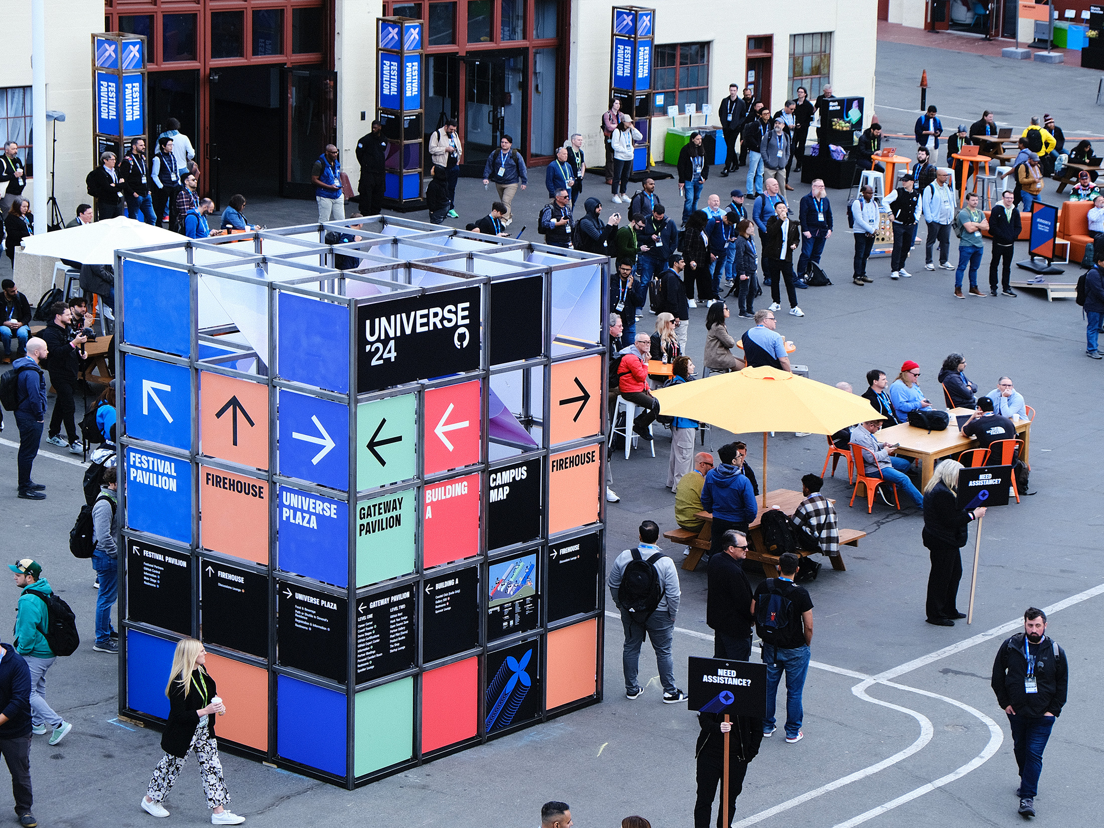 Colorful GitHub Universe wayfinding structures at Fort Mason
