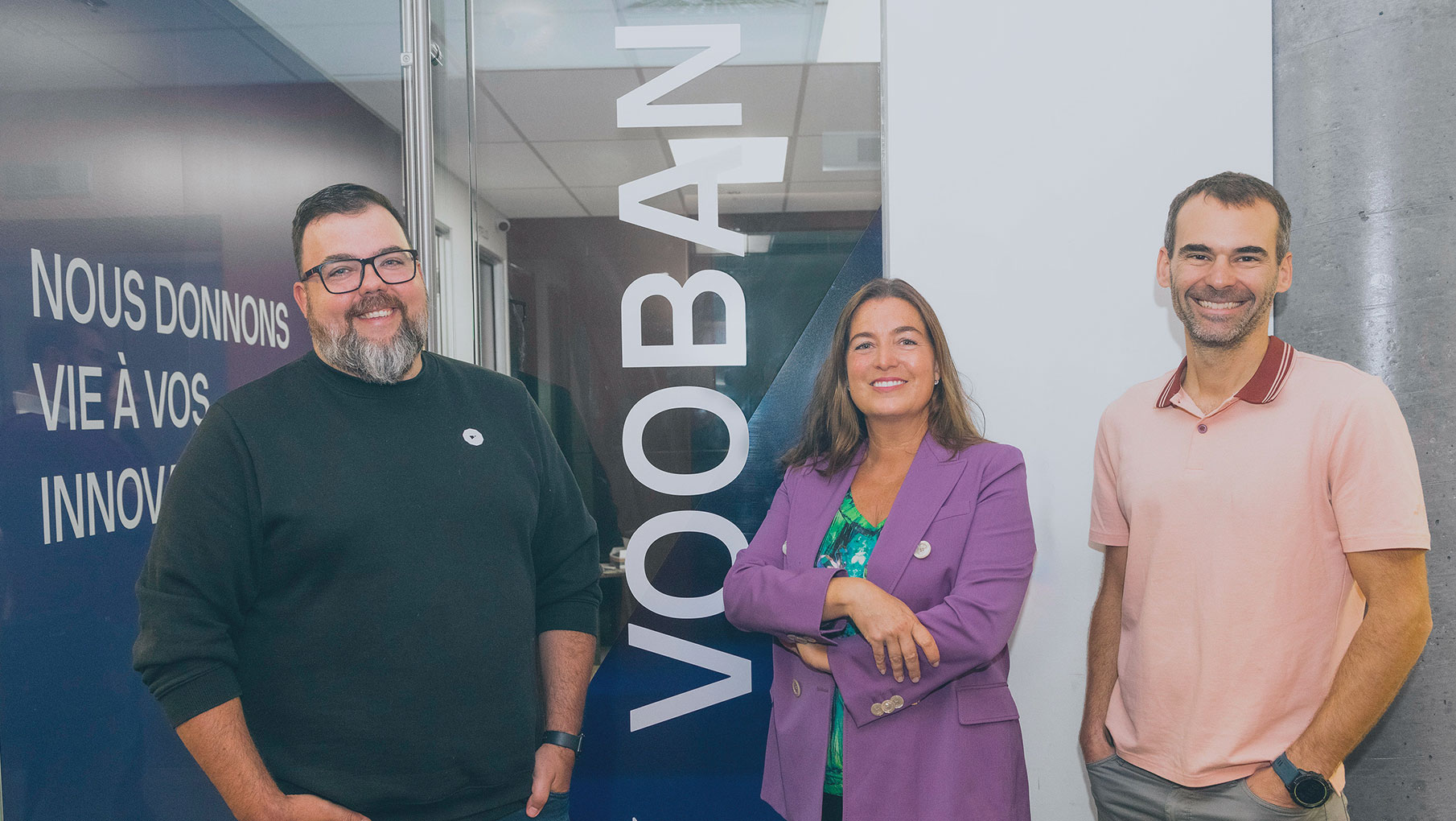 Vooban leaders Hugues Foltz and Kevin Moore with CDPQ executive Kim Thomassin at the 2023 investment announcement