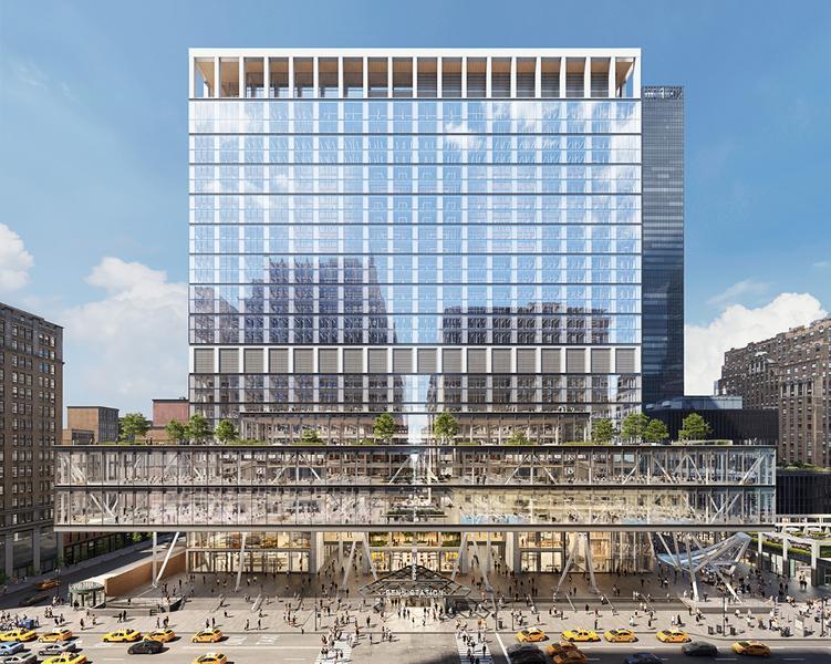 Architectural visualization of PENN 2 with its expanded base and pedestrian surroundings